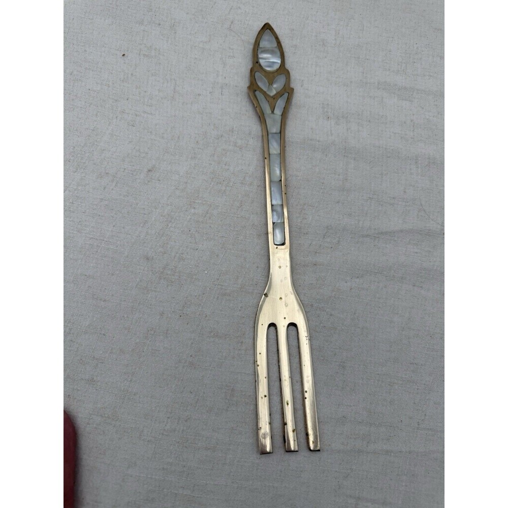 Vintage Brass Serving Fork Mother of Pearl Inlay Wall Hanging India Decor